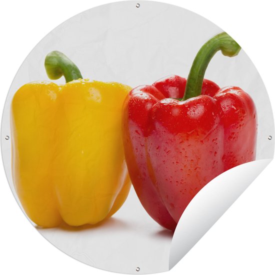 Tuincirkel Gekleurde paprika's tegen een witte achtergrond - 60x60 cm - Ronde Tuinposter - Buiten