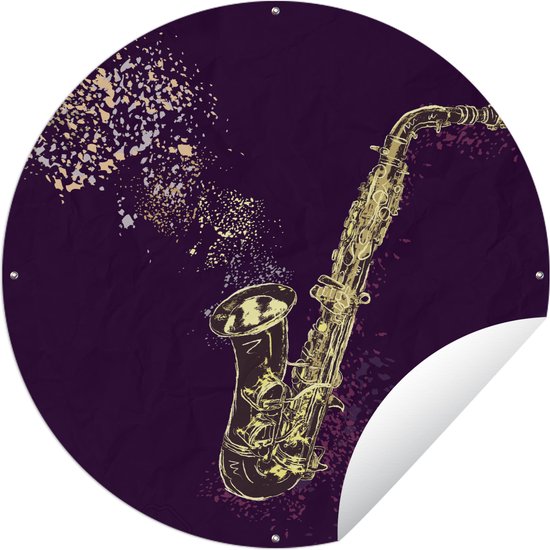 Tuincirkel Illustratie van een gouden saxofoon op een paarse achtergrond - 120x120 cm - Ronde Tuinposter - Buiten XXL / Groot formaat!