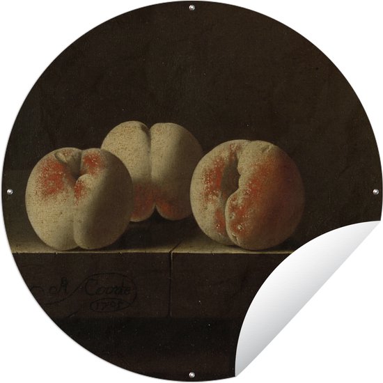 Tuincirkel Drie perziken op een stenen plint - schilderij van Adriaen Coorte in vierkante uitsnede. - 90x90 cm - Ronde Tuinposter - Buiten