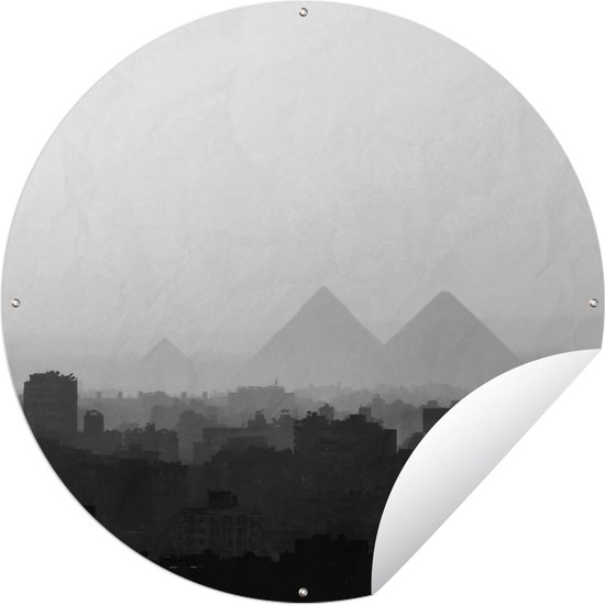 Tuincirkel De piramides van Caïro in de mist - Egypte - zwart wit - 150x150 cm - Ronde Tuinposter - Buiten