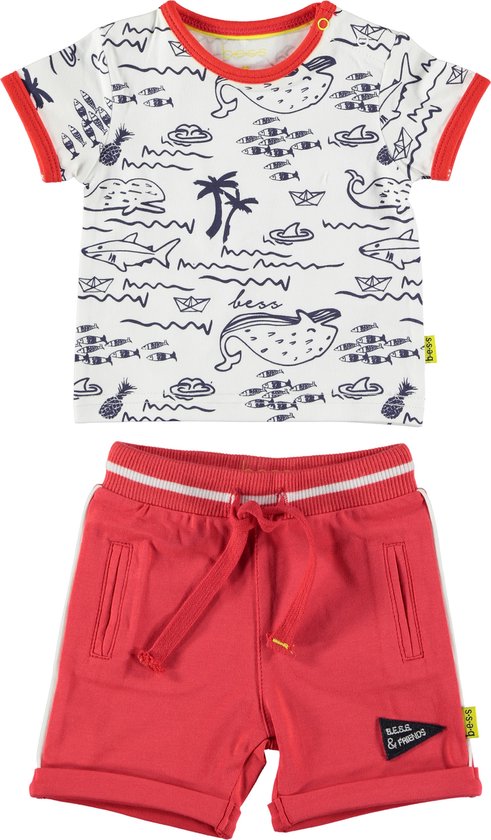 BESS - kledingset - 2delig - broek short rood - shirt wit met prints  - Maat 56