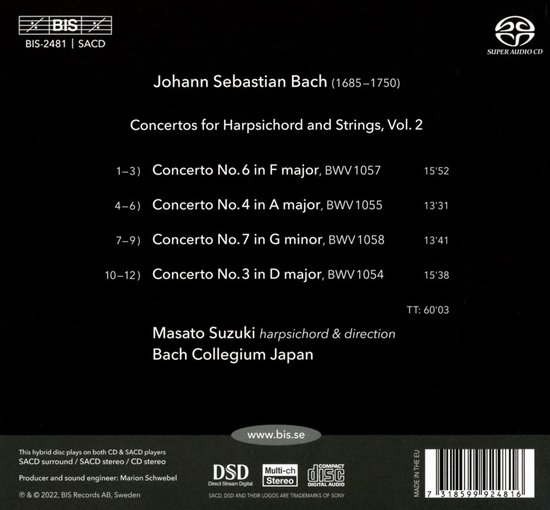 Achterkant cd-hoes van Johann Sebastian Bach Concertos for Harpsichord and Strings, Vol. 2 met tracklist.