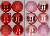 12x stuks kunststof kerstballen mix van rood en roze 8 cm - Kerstversiering