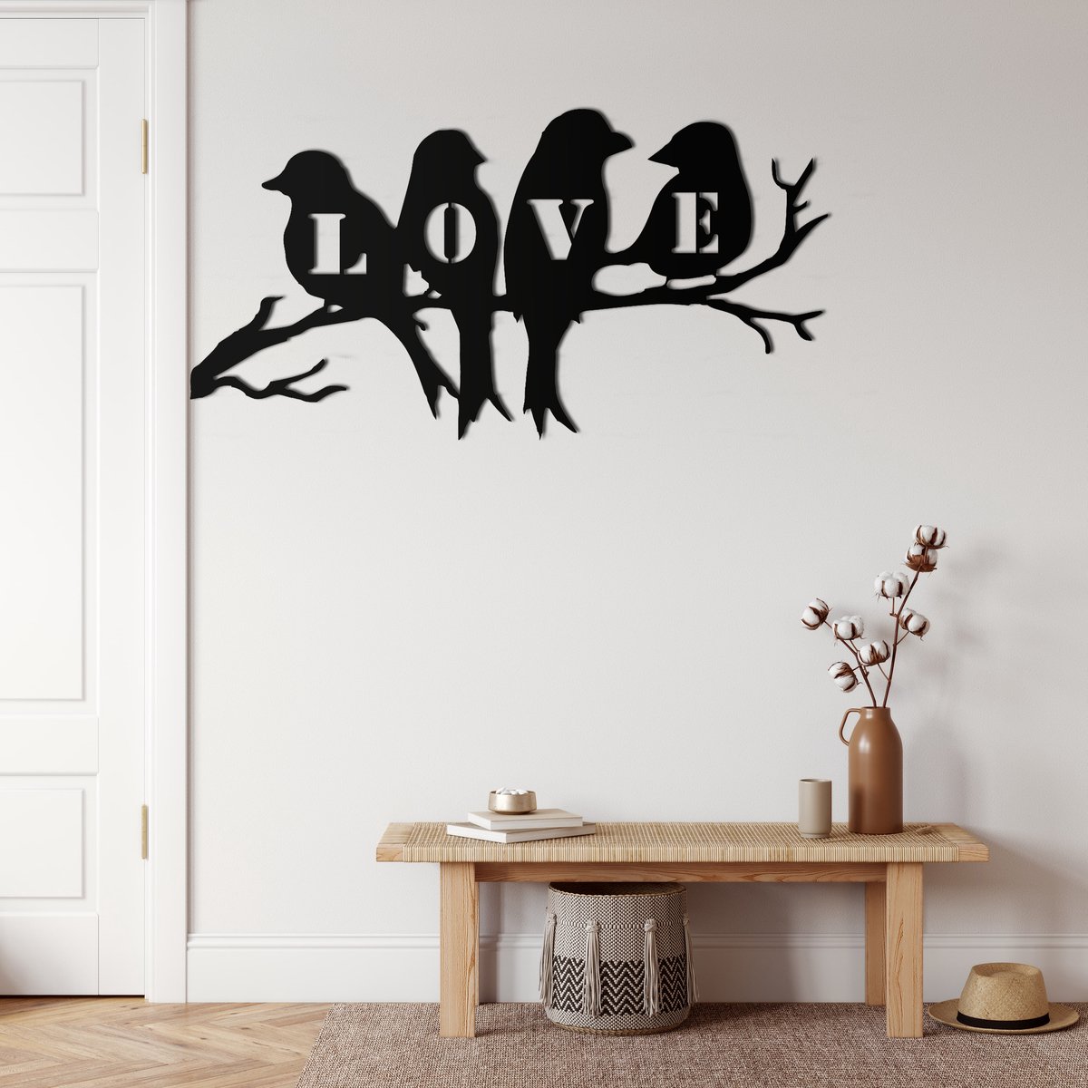 Wanddecoratie | Vogels op Tak / Birds on Branch| Metal - Wall Art | Muurdecoratie | Woonkamer |Zwart| 61x31cm