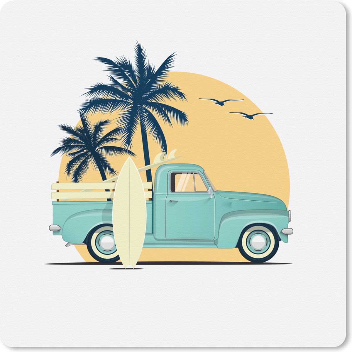 Muismat XXL 60x60 cm - Bureau onderlegger - Bureau mat Bus - Zon - Surfboard - Palmboom - Bureaumat - Gaming mousepad xl - Bureaulegger groot - Computer deskmat