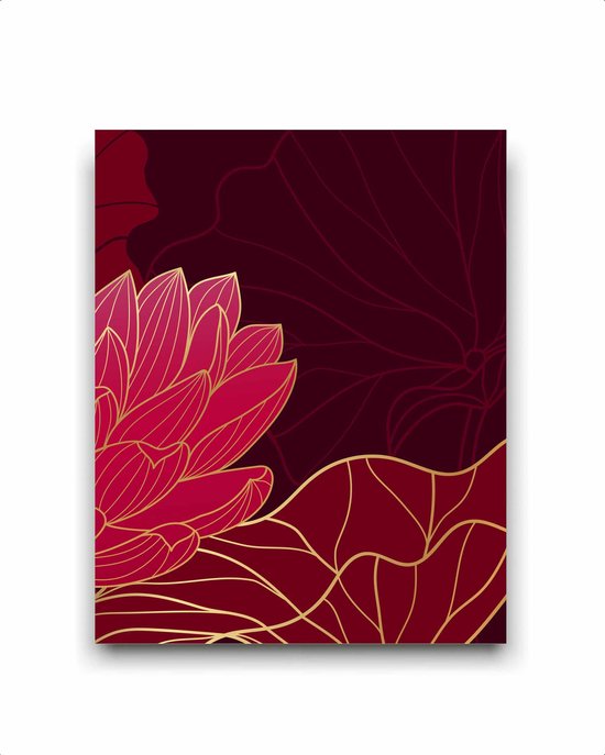 Schilderij  Rood gouden lotus en bladeren botanisch - Rechts / Planten / Bladeren / 50x40cm