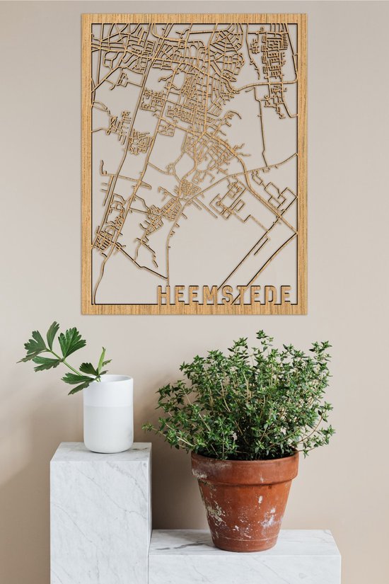 Carte de la ville en bois Heemstede Bois de chêne 100x75cm Décoration murale pour les City Shapes sur le mur