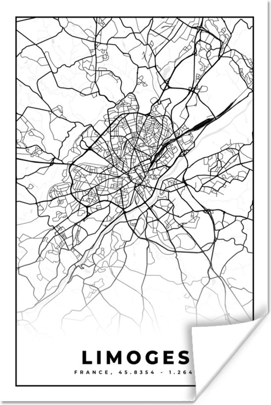 Poster Kaart - Stadskaart - Limoges - Frankrijk - Plattegrond - Zwart wit - 80x120 cm