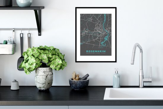 Fotolijst incl. Poster - Stadskaart – Kaart – Rosenheim – Blauw – Duitsland – Plattegrond - 30x40 cm - Posterlijst
