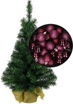 Mini sapin de Noël/sapin de Noël artificiel H35 cm avec boules de Noël violet aubergine - Décorations de Noël