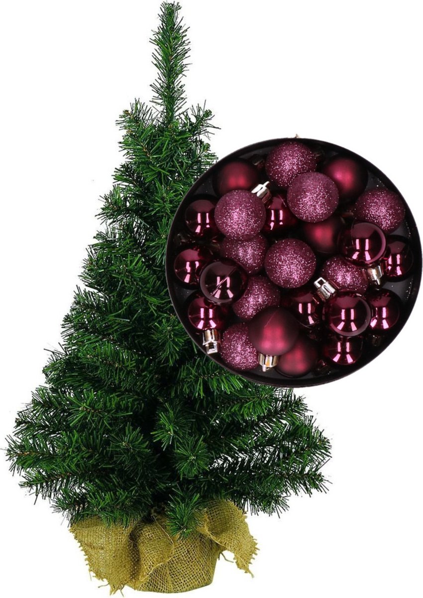 Mini kerstboom/kunst kerstboom H35 cm inclusief kerstballen aubergine paars - Kerstversiering