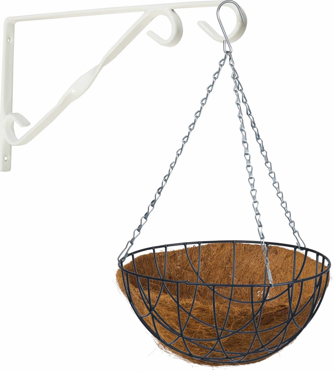 Hanging basket groen met klassieke muurhaak wit en kokos inlegvel - metaaldraad - complete hanging basket set