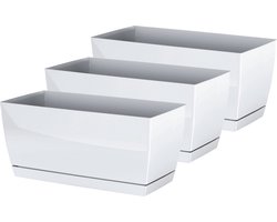 Prosperplast Plantenpot/bloempot met opvangschaal - 3x - kunststof - parel wit 40 x 19 x 18 cm - binnen/buiten