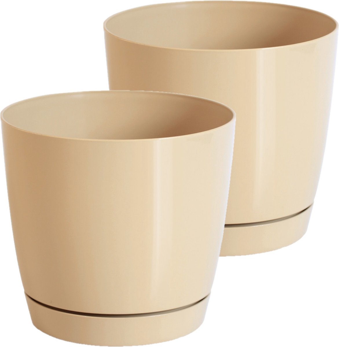Set van 2x stuks plantenpotten/bloempotten kunststof rond glanzend mat goud dia 13.5 x hoogte 12.5 cm voor binnen/buiten