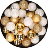 28x stuks kunststof kerstballen parelmoer wit en goud mix 3 cm - Kerstboomversiering