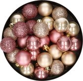 28x stuks kunststof kerstballen parel/champagne en oudroze mix 3 cm - Kerstboomversiering