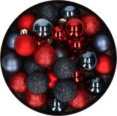 28x stuks kunststof kerstballen rood en donkerblauw mix 3 cm - Kerstboomversiering