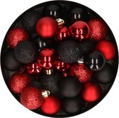 28x stuks kunststof kerstballen rood en zwart mix 3 cm - Kerstboomversiering