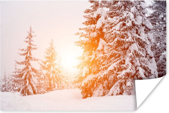 Poster Zon - Bomen - Sneeuw - 120x80 cm - Kerstmis Decoratie - Kerstversiering - Kerstdecoratie Woonkamer - Kerstversiering - Kerstdecoratie voor binnen - Kerstmis