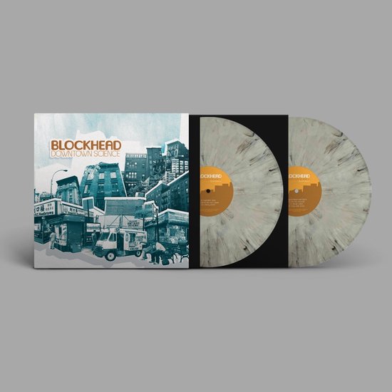 Pochette double LP avec texte "Blockhead Downtown Science". Deux disques vinyles avec motif moucheté gris et noir.