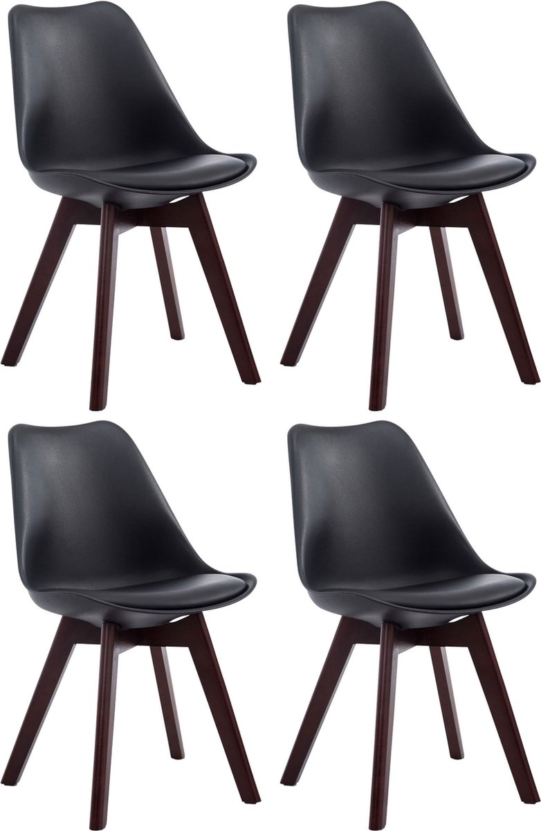 CLP Borneo Set van 4 eetkamerstoelen - Zonder armleuning - Hout frame - Kunstleer - zwart walnoot