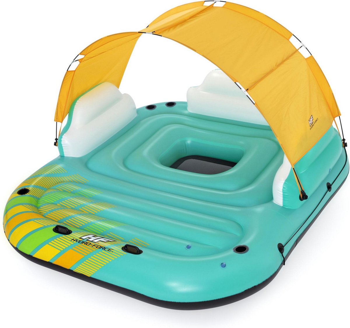 Opblaasbaar Drijvend Eiland met Zonwering - Bestway Hydro Force Sunny Lounge - Zwembad speelgoed - Inflatable Pool Island - Loungegedeelte - Rugleuningen - Voor 5 volwassenen - Luchtbed drijfeiland - Maximaal gewicht 450 kg - Afmeting 291x265x83 cm