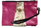 Indi Clutch - leren clutch/make up tasje/toilettas - in bruin en roze met koeienvel