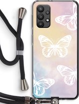Case Company® - Hoesje met koord geschikt voor Samsung Galaxy A32 4G hoesje met Koord - White butterfly - Telefoonhoesje met Zwart Koord - Bescherming aan alle Kanten en Over de Schermrand
