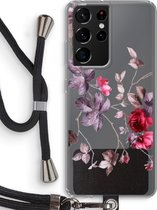 Case Company® - Hoesje met koord geschikt voor Samsung Galaxy S21 Ultra hoesje met Koord - Mooie bloemen - Telefoonhoesje met Zwart Koord - Bescherming aan alle Kanten en Over de Schermrand