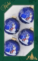 4x morceaux de boules de Noël en verre de luxe 7 cm bleu avec bonhomme de neige