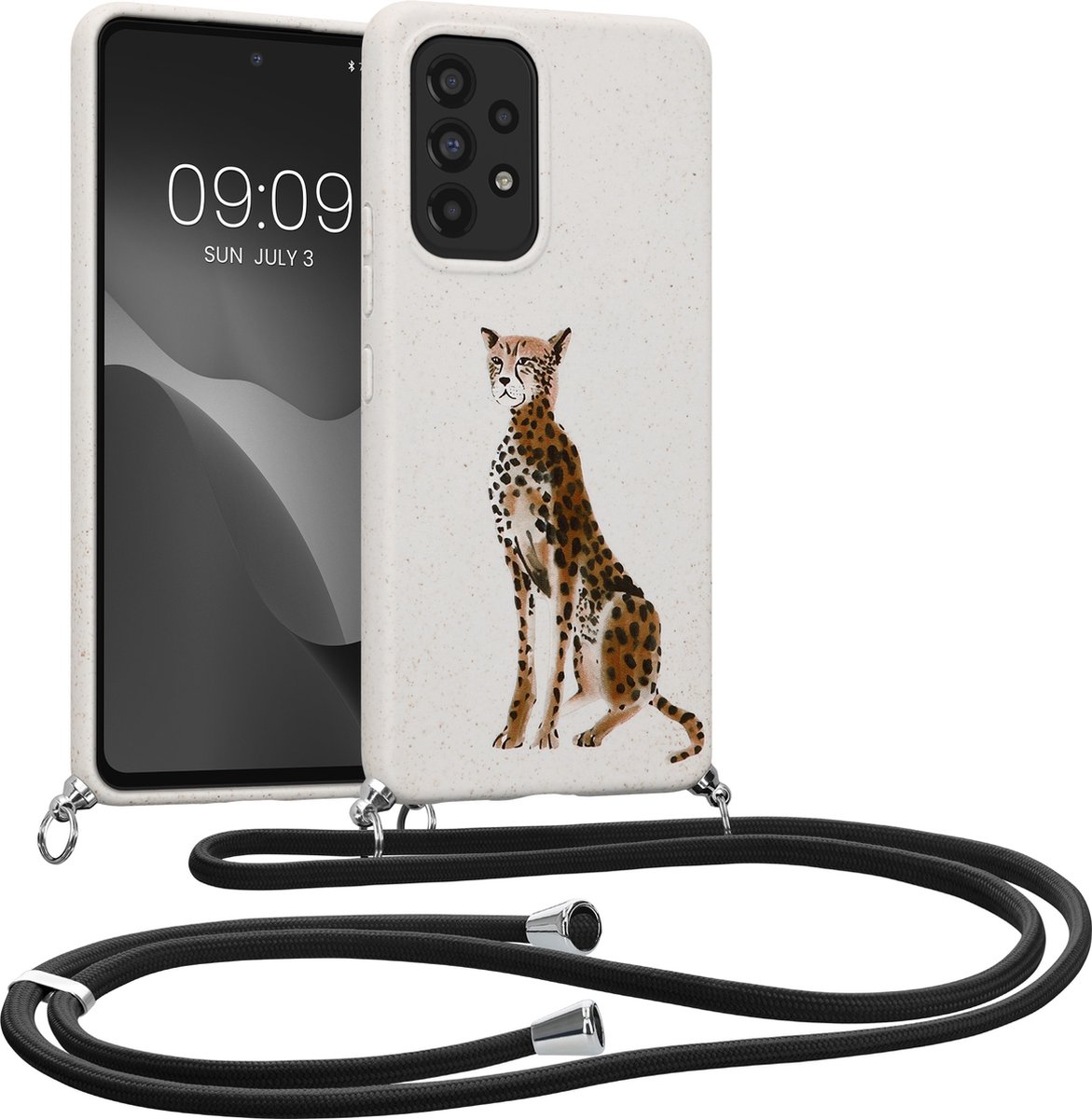 kalibri telefoonhoesje met nekkoord - Hoesje compatibel met Samsung Galaxy A53 5G - Van tarwe stro en TPU - Jachtluipaard design