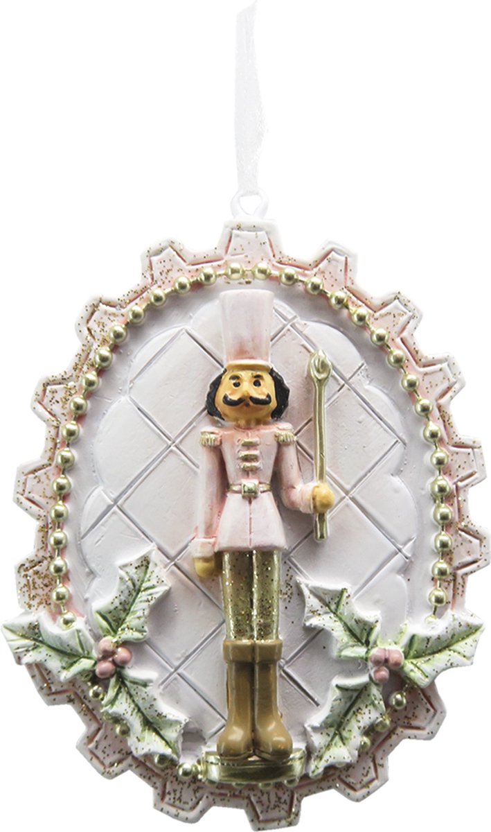 Clayre & Eef Kersthanger Notenkraker 8 cm Wit Roze Kunststof Kerstbal