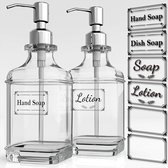 Wonix® - zeepdispenser - zeeppompje - transparant glas - RVS pompkop - met stickers - 350ml - 2 stuks