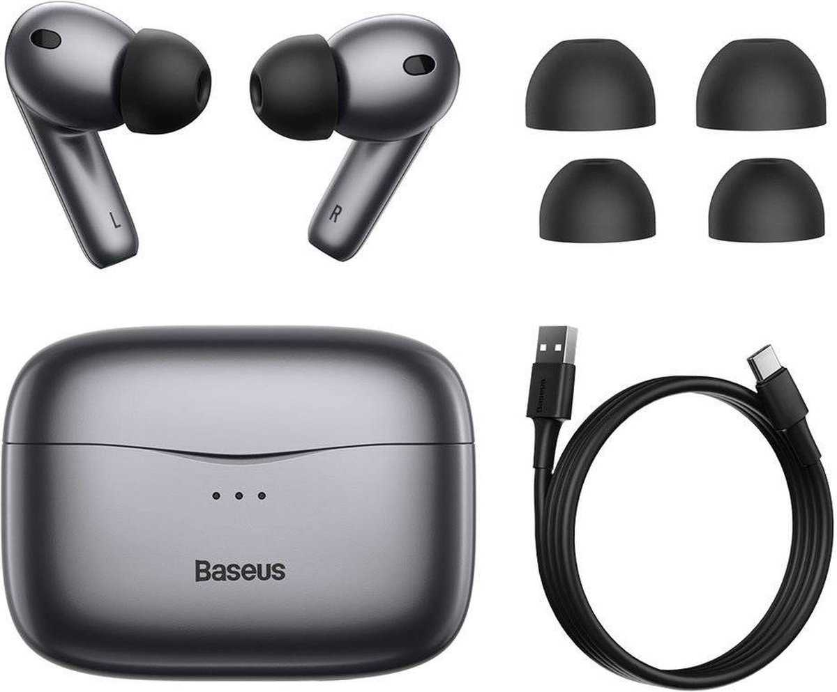 Baseus Draadloze Oordopjes - Bluetooth Oordopjes - Wireless Earbuds - Draadloze Oortjes - - Bluetooth 5.1 - Oplaadcase met ingebouwde Oplaadkabel grijs (NGS2-0G)