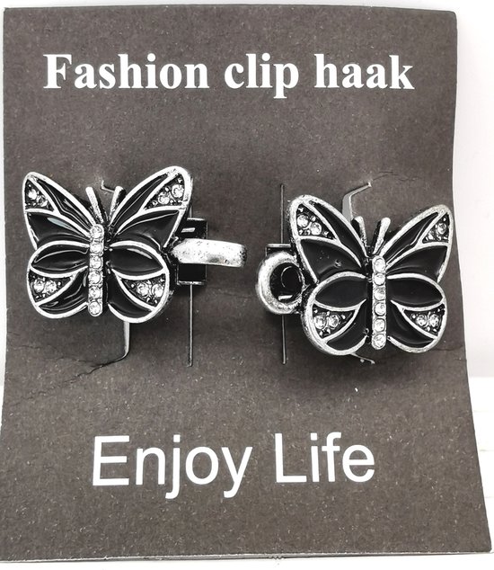 Vestsluiting - clip met haakje - vlinder - zwart - strass - voor - vest - sjaal - omslagdoek in kleur antiek zilver look.