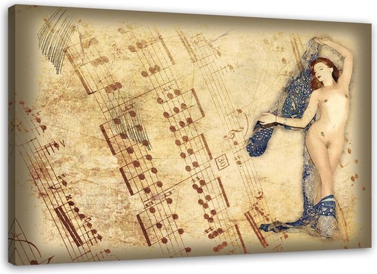 Trend24 - Peinture sur toile - Femme nue avec foulard - Peintures - Personnes - 90x60x2 cm - Beige