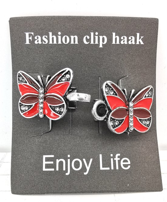 Vestsluiting - clip met haakje - vlinder - rood - strass - voor - vest - sjaal - omslagdoek in kleur antiek zilver look.