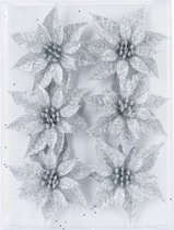 6x stuks decoratie bloemen rozen zilver glitter op ijzerdraad 8 cm - Decoratiebloemen/kerstboomversiering/kerstversiering