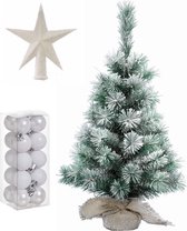 Kunst kerstboom met sneeuw 35 cm in jute zak met witte versiering 21-delig - Kerstdecoratie set
