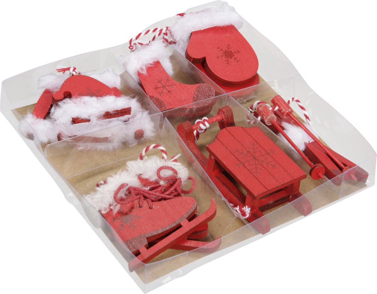 Bellatio decorations Kersthangers - 6x - rood - wintersport - Kerstversiering