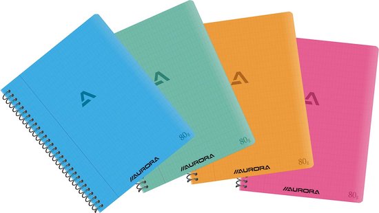 Quatre cahiers Aurora à spirales, lignés, en bleu, vert, orange et rose.
