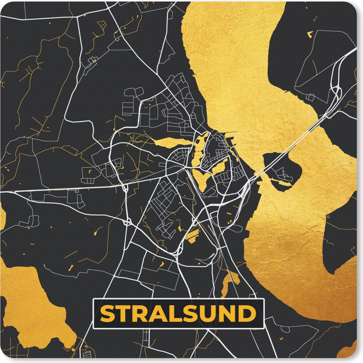 Muismat 30x30 cm - Mousepad Duitsland – Black and Gold – Stralsund – Stadskaart – Kaart – Plattegrond - Muismatten - Stadskaart