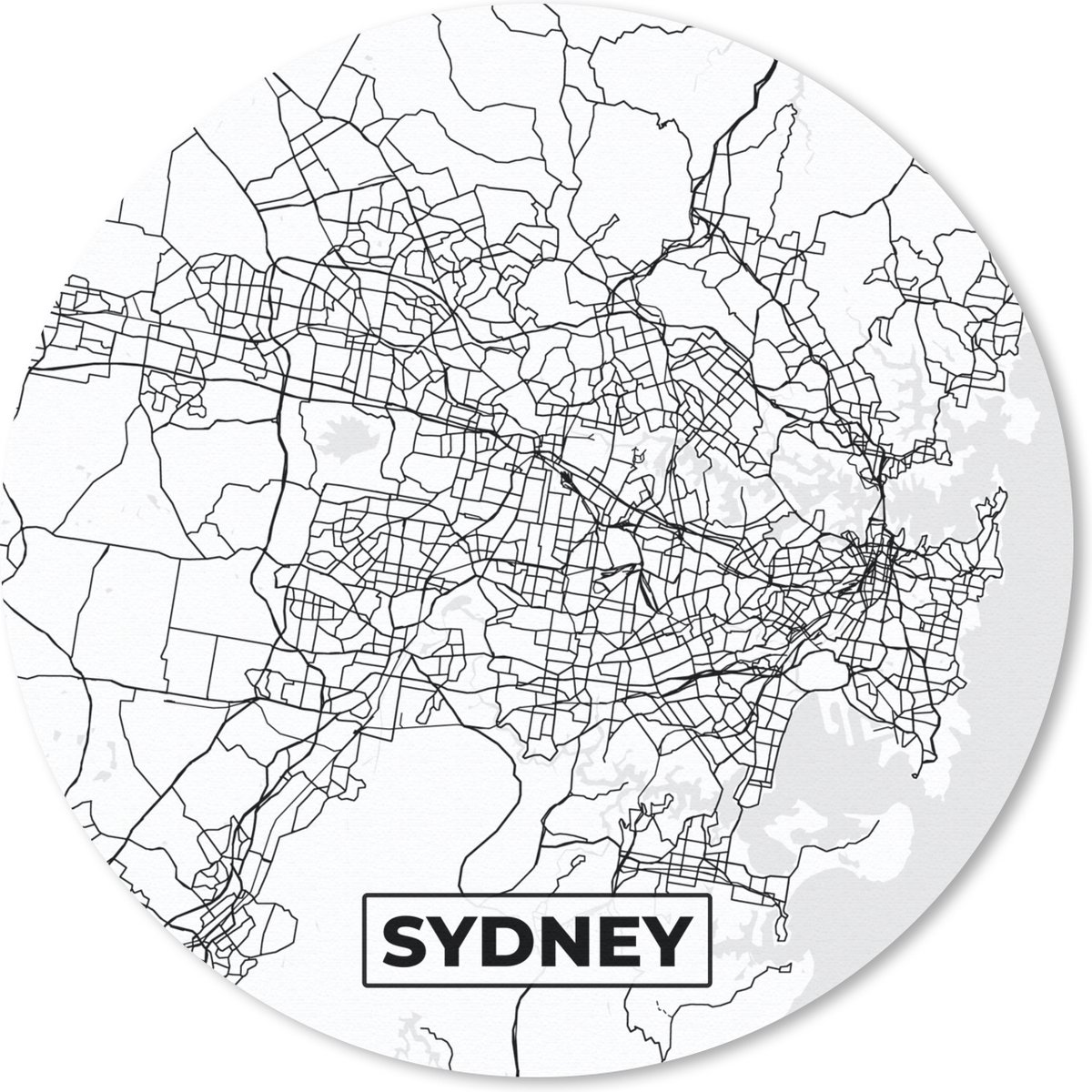 Muismat - Mousepad - Rond - Kaart - Sydney - Stadskaart - Plattegrond - Zwart Wit - 50x50 cm - Ronde muismat