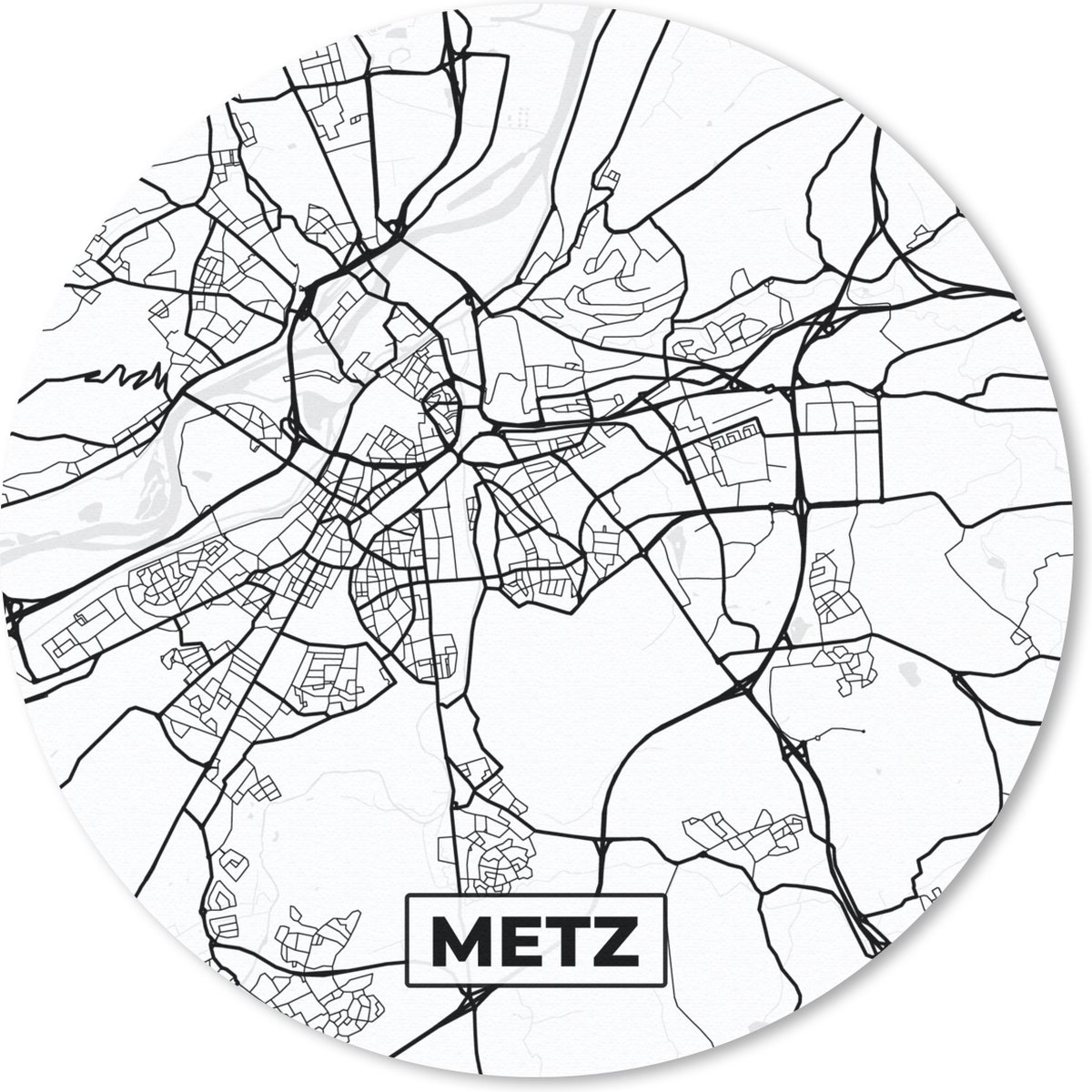 Muismat rond 20x20 cm - Mousepad Frankrijk - Metz - Kaart - Plattegrond - Stadskaart - Zwart wit - Ronde muismatten - Stadskaart