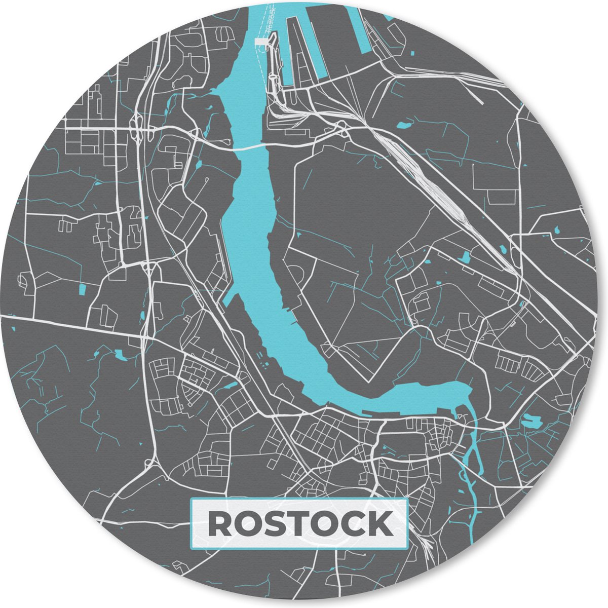 Muismat rond 20x20 cm - Mousepad Blauw – Duitsland – Plattegrond – Stadskaart – Kaart – Rostock - Ronde muismatten - Stadskaart