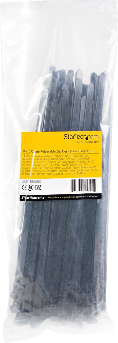 StarTech.com Colliers de Serrage Réutilisables 25 cm Noirs - Largeur 7 mm -  Diam. faisceau 65 mm - Résistance traction 22 kg - Colson nylon détachable
