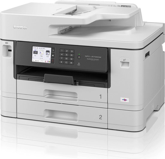 Witte Brother MFC-J740DW printer met twee papierlades, genummerd 1 en 2.