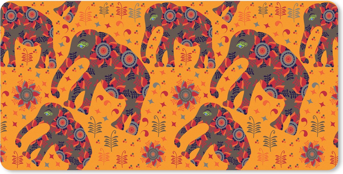 Muismat XXL 80x40 cm - Bureau onderlegger - Bureau mat Olifant - Ornament - Bloemen - Patroon - Bureaumat - Gaming mousepad xl - Bureaulegger groot - Computer deskmat