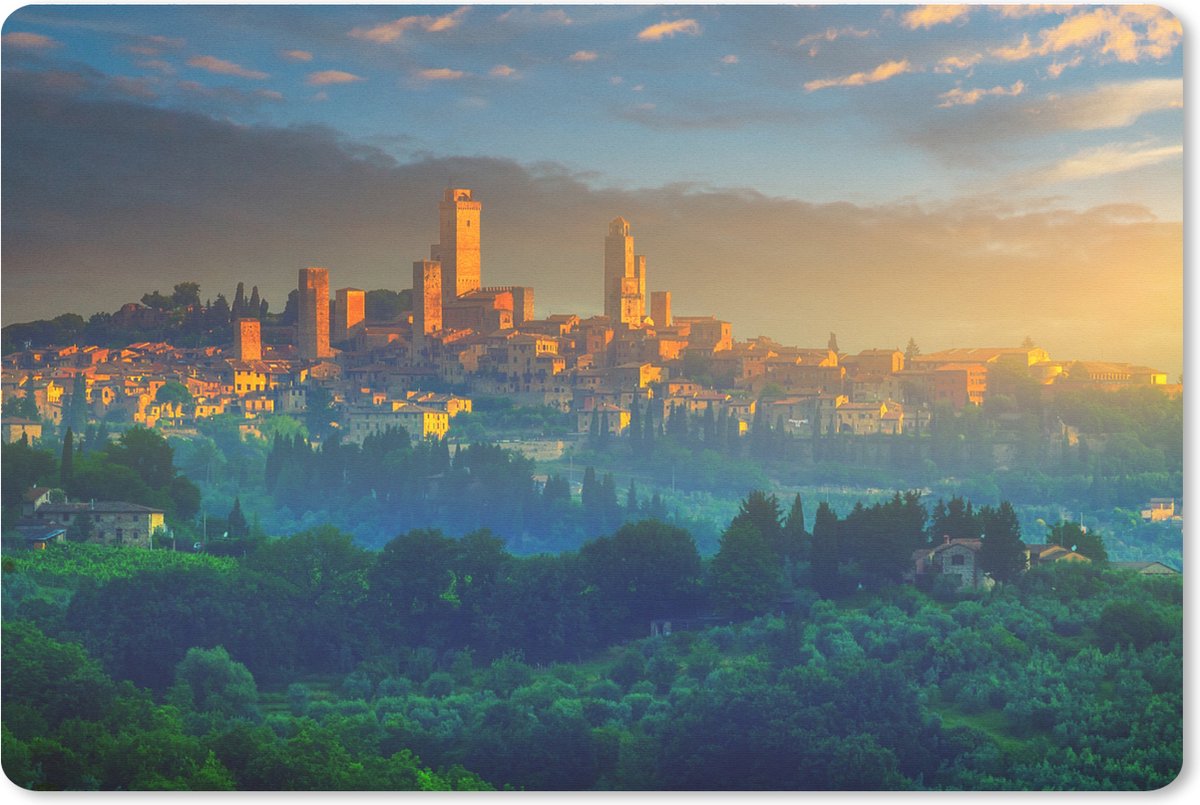 Muismat XXL 90x60 cm - Bureau onderlegger - Bureau mat Zonsopkomst boven San Gimignano bij Toscane in Italië - Bureaumat - Gaming mousepad xl - Bureaulegger groot - Computer deskmat
