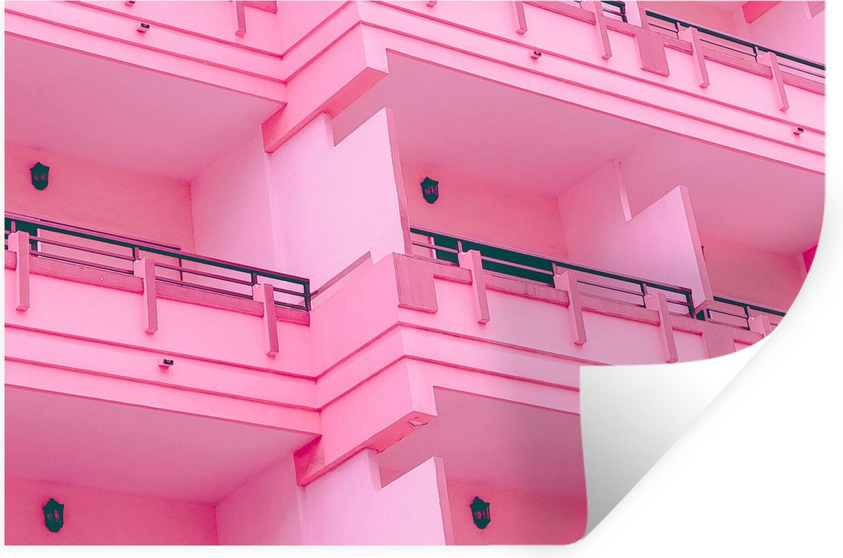 Muurstickers - Sticker Folie - Balkon - Zomer - Roze - Architectuur - 30x20 cm - Plakfolie